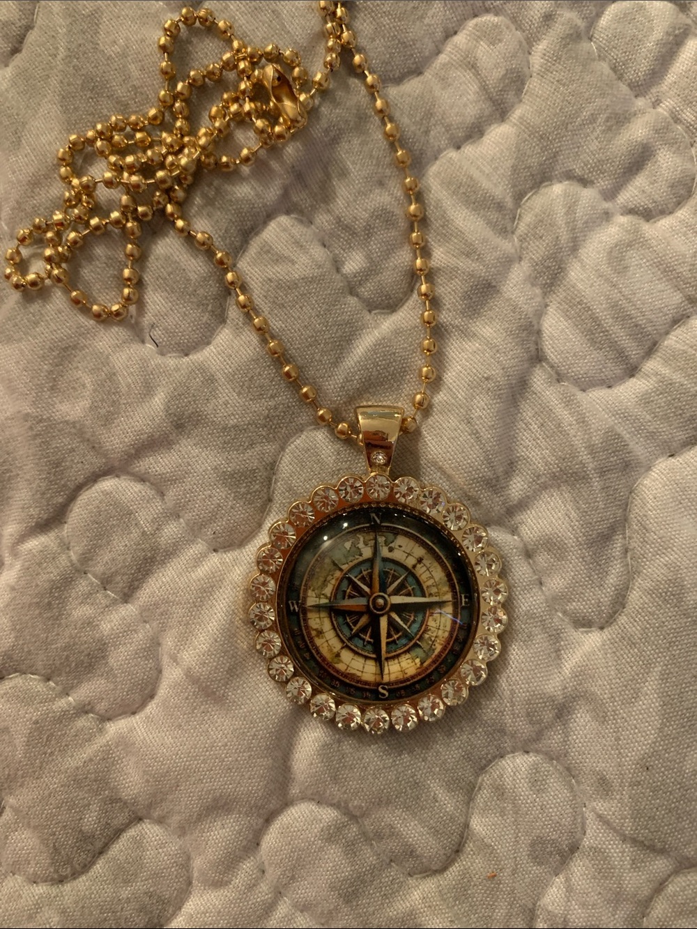 Gold Compass Pendant Necklace with Crystal Halo